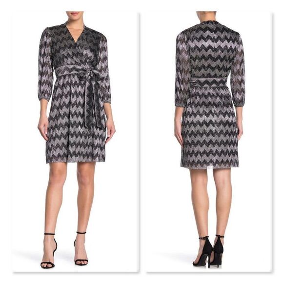 Eliza J Metallic Chevron Faux Wrap Dress sz 10. - Picture 1 of 12